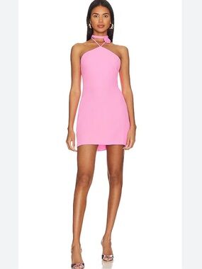 Amanda Uprichard Elias Mini Dress Shocking Pink 100%Silk Halter Rosette - Size M